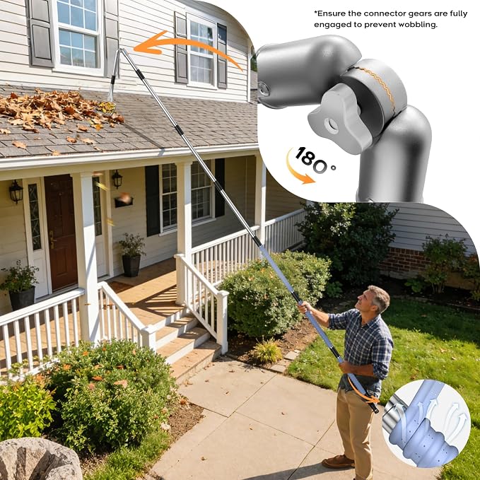 13ft Gutter Cleaning Tools From the Ground, No Ladder Needed, 3-in-1 Gutter Cleaner Pole with Replaceable Brush Rake Scoop, 180° Adjustable Angle for Leaves & Debris Cleaning with Grip Tapes