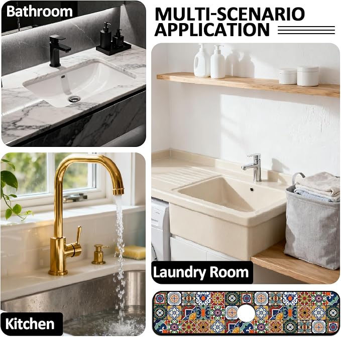 2 Pcs Kitchen Sink Splash Guard Faucet Mats Colored Bohemian Tiles Pattern Faucet Mat for Sinks Absorbing Drying Mat for Kitchen Bathroom, 23.6x5.5inch
