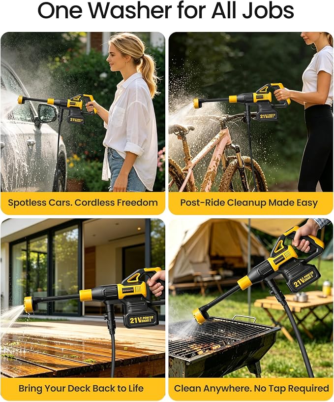 Cordless Portable Washer, Battery Operated Car Washer with 21V Battery & Charger, 990 PSI, 6-in-1 Nozzle, Foam Pot, 23FT High-Elastic Hose, Handheld Cleaner for Home Garden Patio Driveway