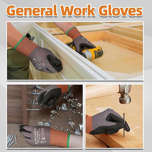 Schwer 6 Pairs Safety Work Gloves with Sandy Nitrile Coating LT5626, Max Abrasion Resistance Heavy Duty Gloves with Grip for Men and Women, Ideal for General Use, Mechanic, Construction, Gardening, L