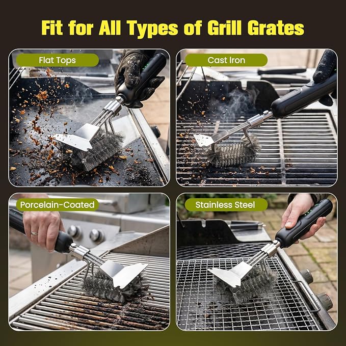 Electric Grill Brush with Scraper, 20kg High-Torque Power BBQ Grill Cleaner, Dual Mode (Auto/Manual), 2-Speed Rechargeable, LED Light, Reaches Grill Grate Sides & Corners, Gift for Dad/Men