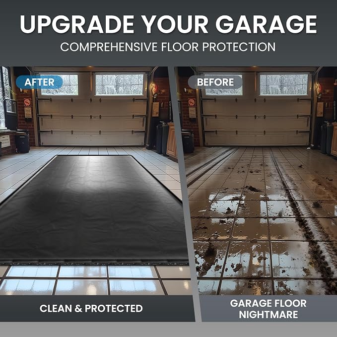 7'9" x 14' Garage Floor Mat, 610GSM PVC Containment Mat for Cars | Heavy-Duty, 1.2in Raised Edges, Waterproof Garage Protection, Non-Slip Design, Easy Hose Clean, Kit with Squeegee