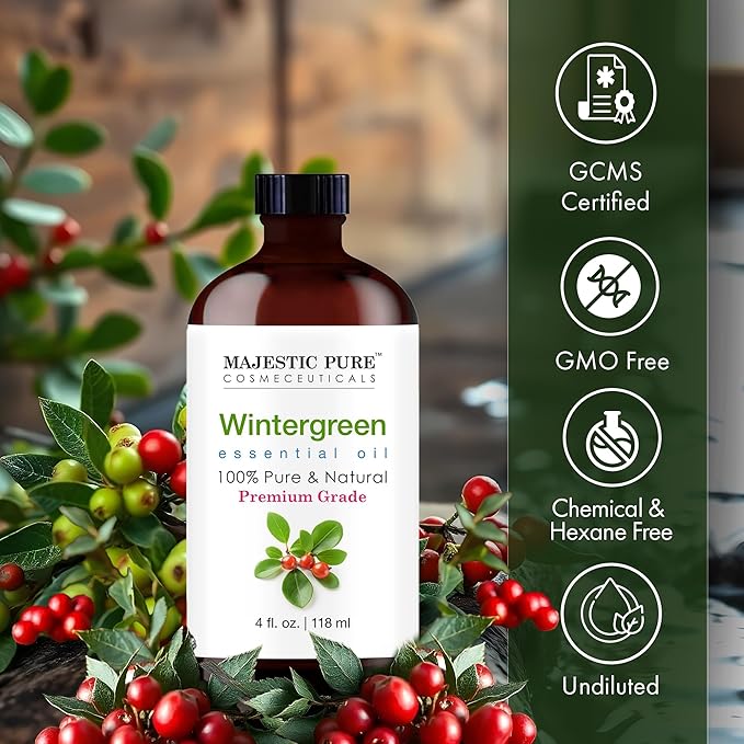 Majestic Pure Wintergreen Essential Oil for Diffuser - 4 Fl Oz | 100% Natural Essentials Oils for Aromatherapy, Massage, candle making, soap making and custom essential oil blends
