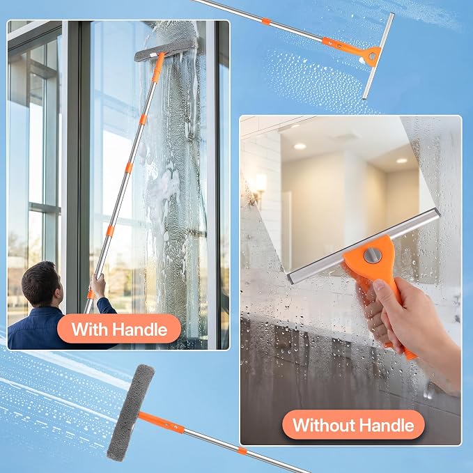 Professional Window Cleaning Kit with Collapsible Bucket for Home, Outdoor | 61" Long Handle Window Squeegee, Microfiber Scrubber, 3 Gal Bucket, High Window Washing Kit, Window Cleaner Tool, Commercial