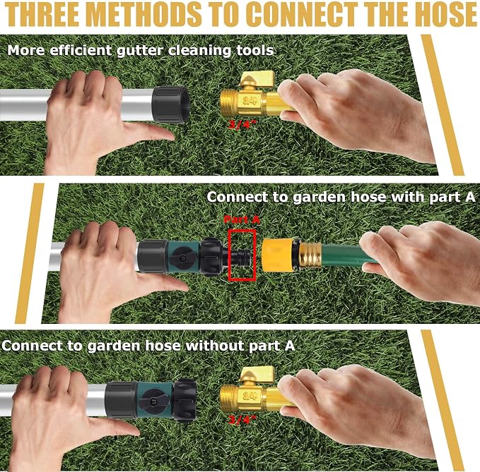 24FT Reach Gutter Cleaning Tools from The Ground, Telescopic Rain Gutter Cleaner Tools, Gutters Cleaning Pole with Garden Hose Attachment and Bendable Sprayer Wand