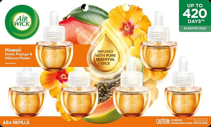Air Wick Plug-In Scented Oil Refills, 6 Count, Hawaii Exotic Papaya and Hibiscus Flower, Air Freshener, Essential Oils