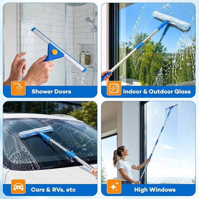 ALOTIKI 7Pcs Window Cleaning Kit with 3Gal Collapsible Bucket & 81"Squeegee | Professional Window Washing Kit with Extension Pole, Squeegee and Scrubber, Window Cleaner Tool for Shower Glass & Commercial