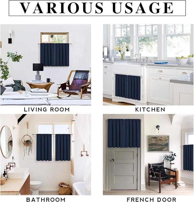 RYB HOME Blackout Curtains Small Window Decor Light Block Thermal Insulated Drapes for Bedroom Kitchen Cabinet Basement RV Curtains, W 42 x L 36 inch, Navy Blue, 2 Panels