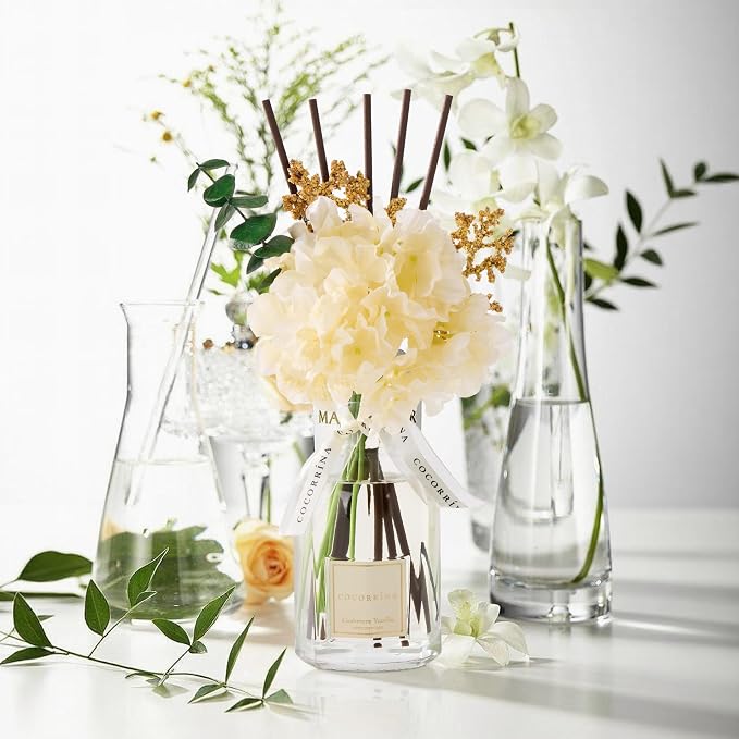 Reed Diffuser - Cashmere Vanilla 8.5 Fl.oz Flower Reed Diffuser with Sticks, Bedroom Bathroom Shelf Decor (Floral Basket Collection)