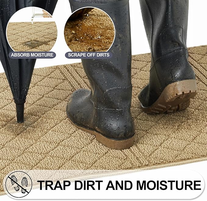 REFETONE Indoor Doormat, Front Back Door Mat 24"x36" Absorbent Rubber Backing Non Slip Door Mats, Low-Profile Resist Dirt Entrance Rugs, Machine Washable Door Rug Inside Floor Mat for Entryway, Beige
