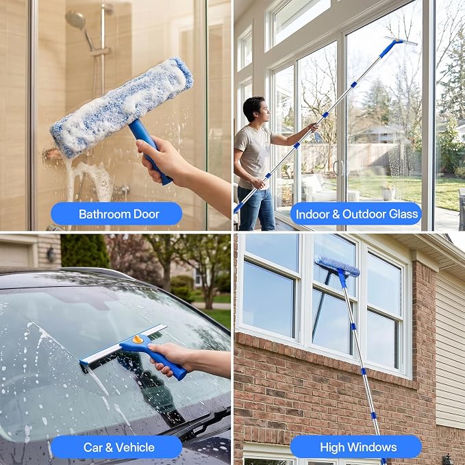 10Ft Professional Window Cleaning Kit with Bucket for Home & Commercial | 120" High Window Squeegee, Microfiber Scrubber, 3 Gal Bucket, Window Cleaning Equipment Washing Kit, Cleaner Tool for Outdoor