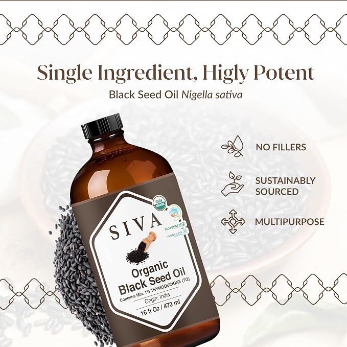 Siva Organic Black Seed Carrier Oil, Large Size, 16 Fl Oz (473 ml) | Organic Black Seed Oil for Hair Care, Hair Oiling, Scalp Massage, Skin Care, Body Massage & DIY Recipes in Glass Bottle
