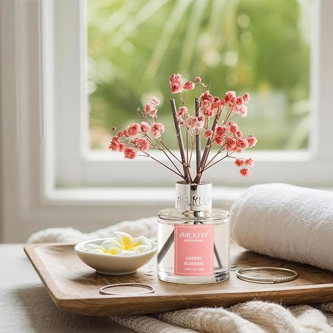 Reed Diffuser Set,1.69 fl oz (50 ml) - Cherry Blossom Oil Diffusers with 8 Reed Sticks,Home Fragrance Reed Diffuser for Bathroom Shelf Decor