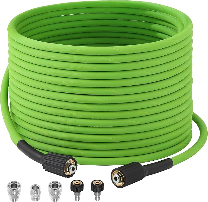 PWACCS Pressure Washer Hose 50 FT, 1/4" ID Steel Braided Power Washer Hose with M22-14mm Fittings - 4000 PSI High Pressure Wash Replacement Hose with Universal Adapter Kit, Green