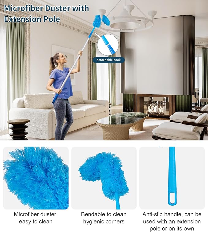 Window Cleaning Kit, Swivel Squeegee & Scrubber with Extension Poles, Foldable Bucket, Blendable Duster, 2 Scrubber Pads & Cleaning Cloth, Glass Scraper Cleaning Tool Kit for Window Glass Mirror Car