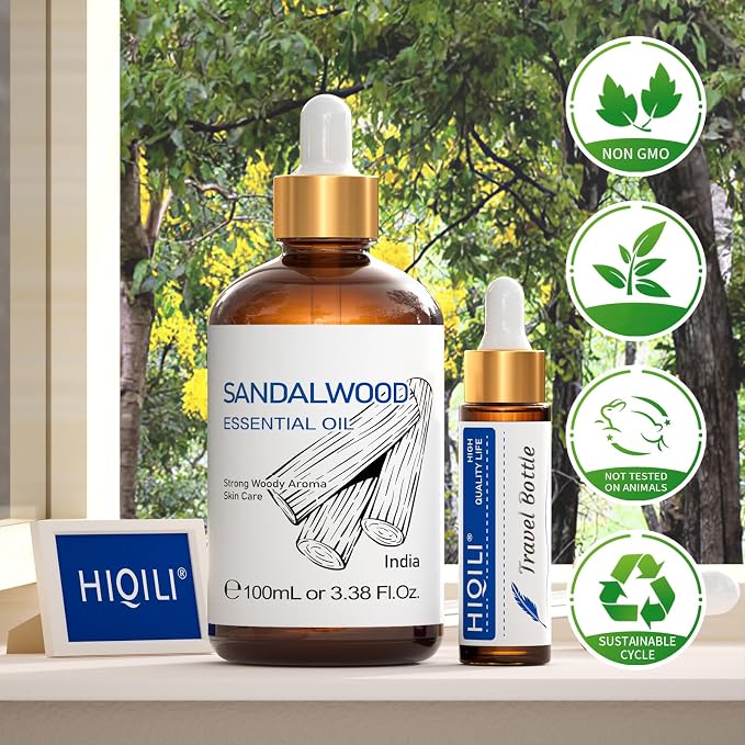 HIQILI Sandalwood Essential Oils for Perfume, Diffuser & Skin Care | Calming Oil for Aromatherapy, DIY Candles Soaps & Hair Care, Includes 10ml Travel Bottle - 100ml / 3.38 fl.oz