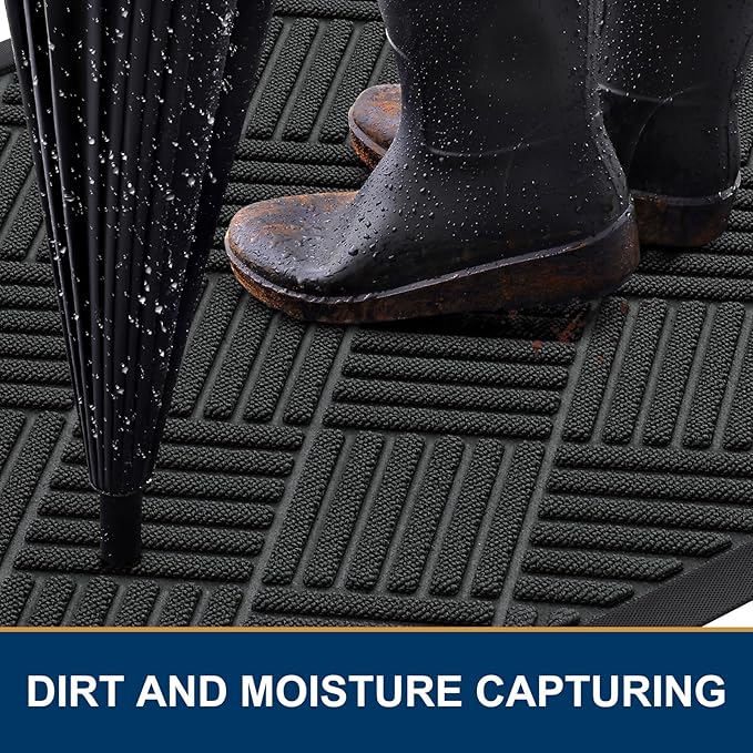 Smiry Front Door Mat Outside Entrance, Heavy Duty Outdoor Indoor Natural Rubber Doormat, Non Slip, Trap Dirt and Moisture, Easy Clean, Low Profile Patio Porch Entryway Mat, 29.5x17, Black