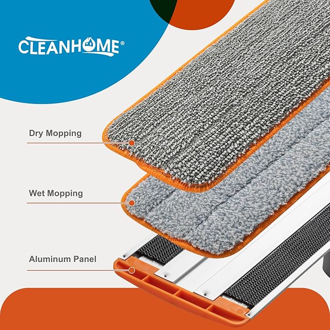 CLEANHOME Flat Mop for Hardwood & Pet Hair, 4 Washable Pads | 4 Reusable Microfiber Pads for Wet/Dry Mopping. 180° Swivel Head & 56" Handle Reaches Under Furniture. Pet Hair Scrubber.