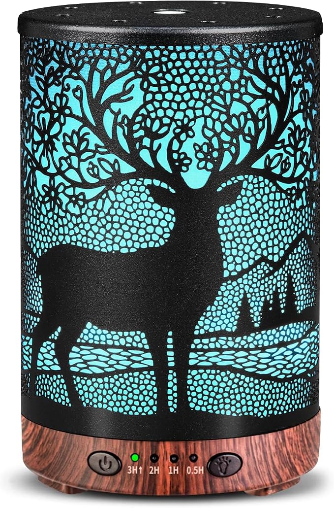 Essential Oil Diffuser 120ML Metal Aromatherapy Diffuser with Timer, Cool Mist Humidifier with Auto Shut-Off & 7 Color Lights for Home Office Spa (Forest Deer)