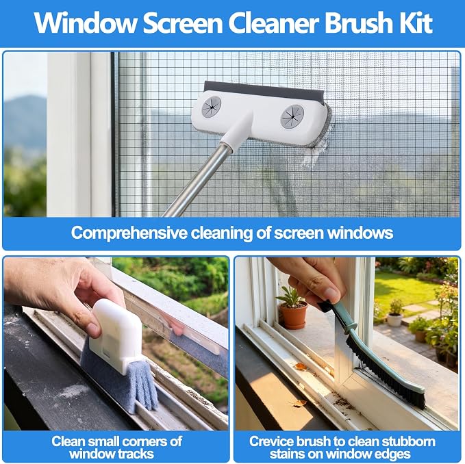 Window Screen Cleaner & Track Cleaning Kit Tool,7 Pcs | Mesh Screen Cleaner Brush with Extension Pole,Window Sill Cleaner Tools Washing Equipment,28″Detachable Long-Reach Handle