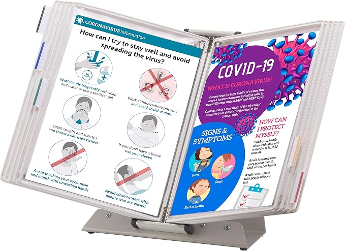 Tarifold Desktop Reference Display System, 10 Pockets, White | 10 double-sided PVC pockets hold 20 letter-size sheets, sturdy metal base, quick-find indexing, easy to assemble