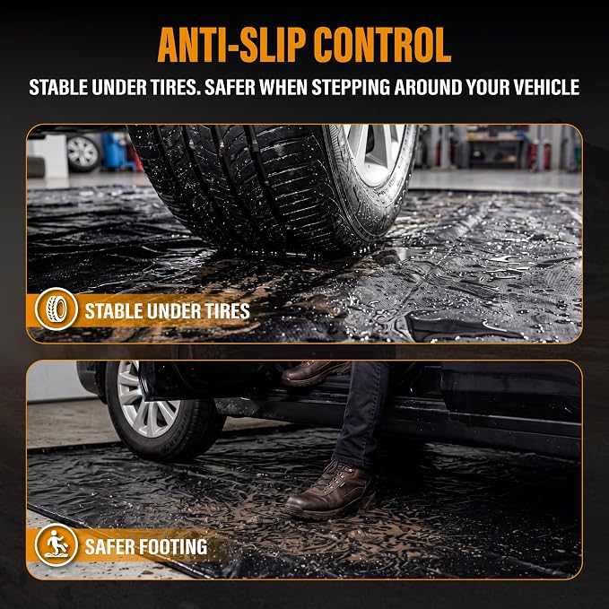 7'9" x 16' Garage Floor Mat, Non-Slip Containment Mat | 610GSM PVC Material, 65 Gal Capacity, Easy Maintenance, 1.2" Raised Edges, Protect the Floor