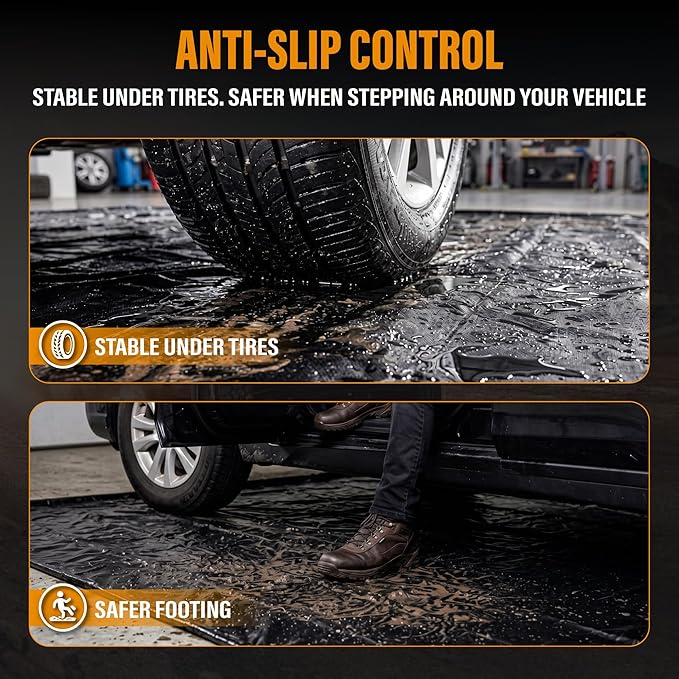 8'6" x 20' Garage Floor Mat, Non-Slip Containment Mat | 610GSM PVC Material, 65 Gal Capacity, Easy Maintenance, 1.2" Raised Edges, Protect the Floor