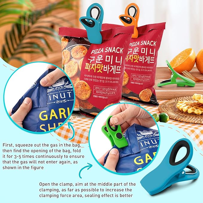 12 Pack Magnetic Chip Clips, Bread Clips Food Bag Clips with Airtight Seal for Chips, Kitchen Clips with Magnet for Fridge, Plastic Assorted Colors Bag Clips for Food Storage, Snack Organization