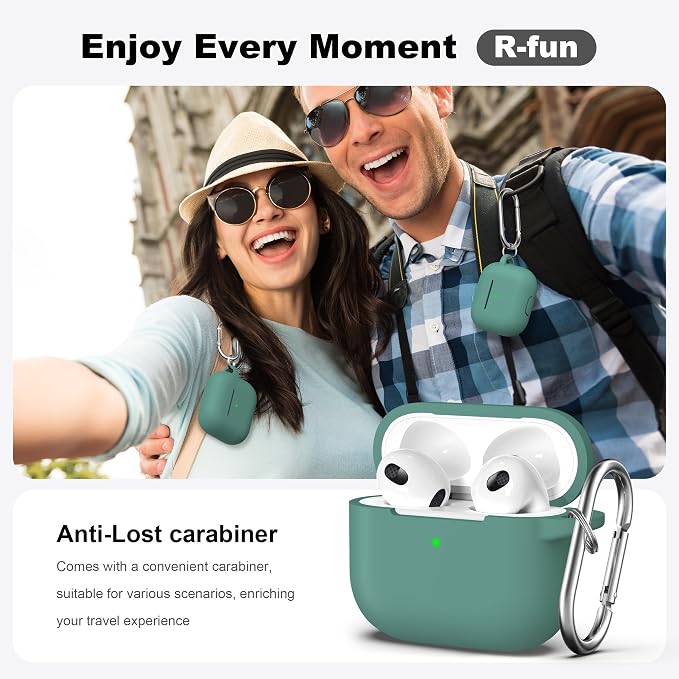 R-fun Compatible with AirPods 3 Case Cover, Silicone Protective Accessories Skin with Keychain Compatible with Apple AirPod 3rd Generation 2021 for Women Men Girls Boys,Front LED Visible,Pine Green