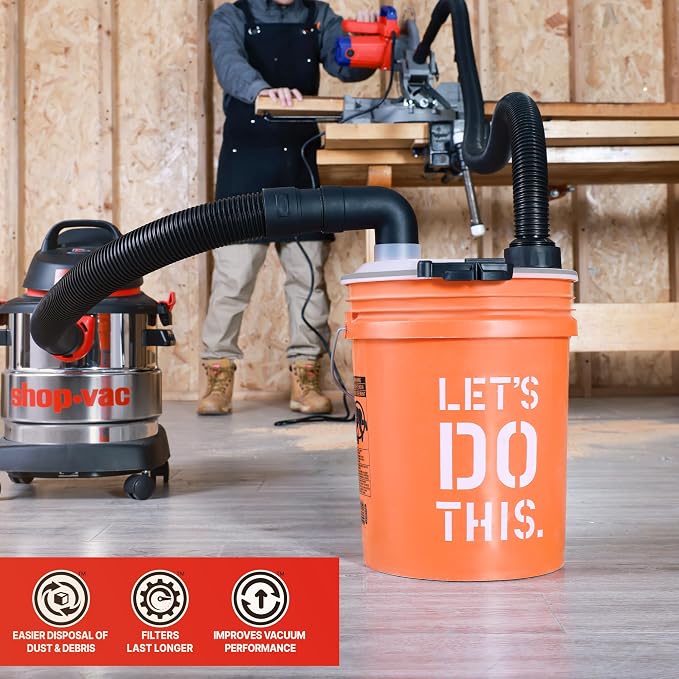 Shop-Vac 5430050 Dust Collector, Fits 5 Gallon Bucket(Sold Separately), Easy Disposal of Dust & Debris, Elbow Fittings, 2-1/2" Hose and Metal Filter Included | 2-1/2" Hose and Metal Filter Included, Easy Disposal of Dust & Debris, Elbow Fittings