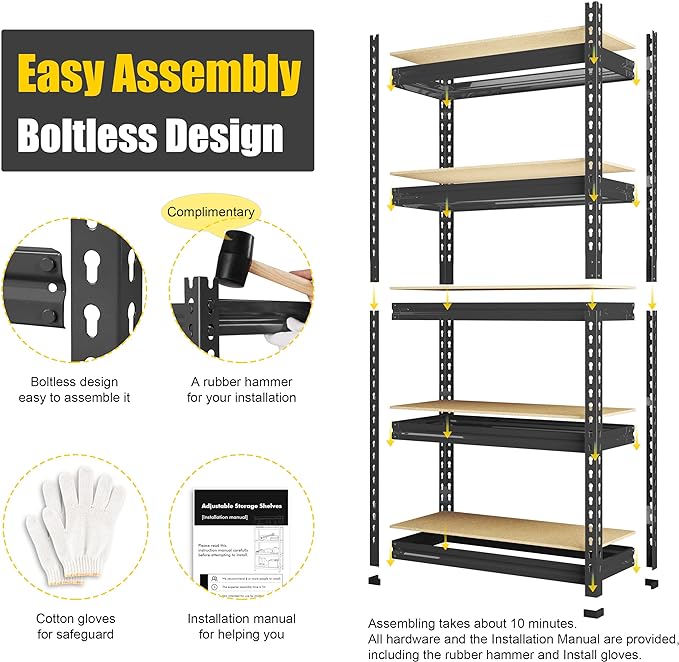 PrimeZone 32"W x 16"D x 63" H Storage Shelves - 4 Pack 5 Tier Adjustable Garage Storage Shelving, Heavy Duty Metal Storage Organizer Utility Rack Shelf Unit for Warehouse Pantry Closet Kitchen, Black