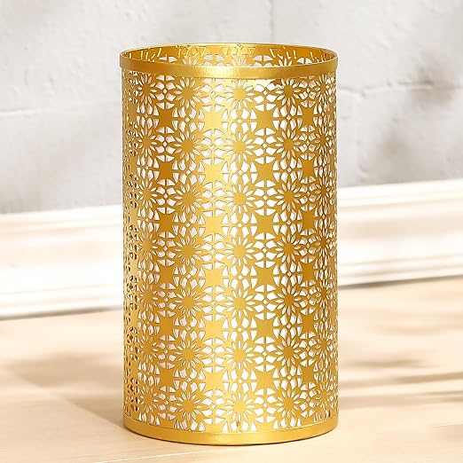 Small Gold Trash Can, Decorative Floral Waste Basket with Perforated Design, Elegant Gold Garbage Can for Bathroom, Bedroom, Office and Kitchen, 7" W X 7" L X 12" H