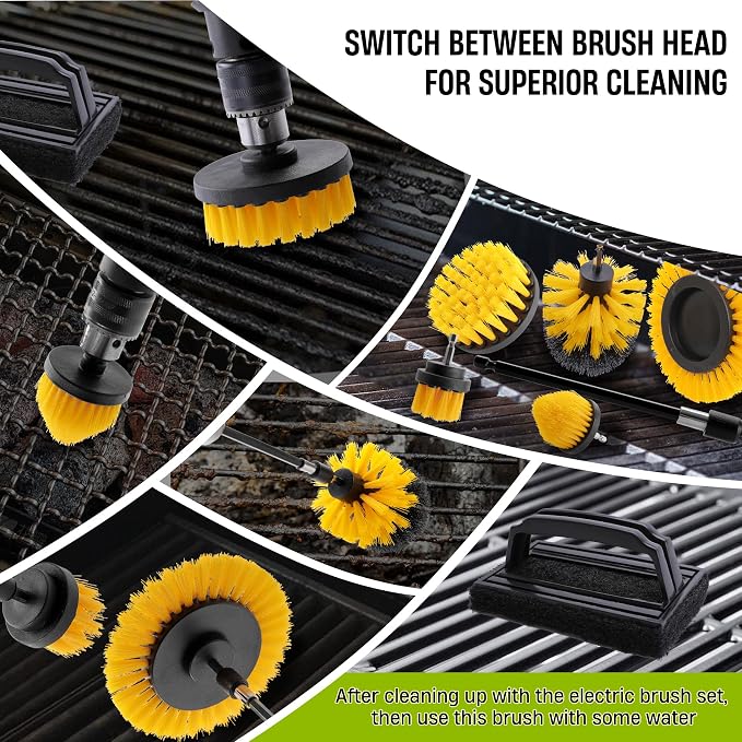 7 Piece BBQ Grill Cleaning Brush Ultra Stiff Drill Powered Cleaning Brushes Nylon Safe Bristle BBQ Grill Rust Remover Gift for Dad Grill Cleaner for Outdoor Grill (Yellow)