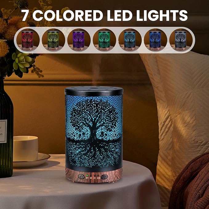 Essential Oil Diffuser 120ML Metal Aromatherapy Diffuser with Timer, Cool Mist Humidifier with Auto Shut-Off & 7 Color Lights for Home Office Spa (Life Tree)