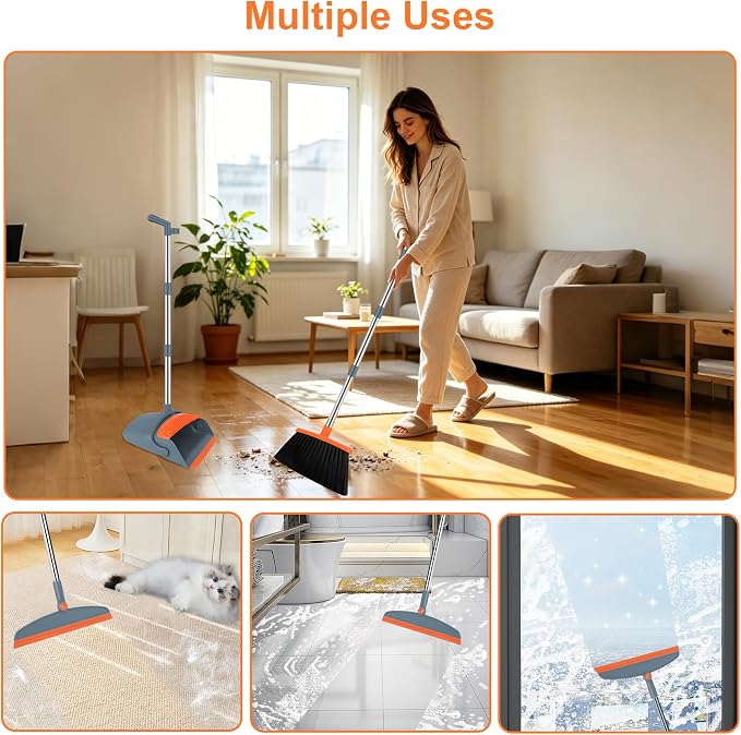 Broom and Dustpan Combo Set, 52" Long Handle with Squeegee & Mini Set | Orange Complete Cleaning Kit, Floor Squeegee for Wet & Dry Messes, Built-in Comb Dustpan, Mini Broom Set，for Home & Pet Areas