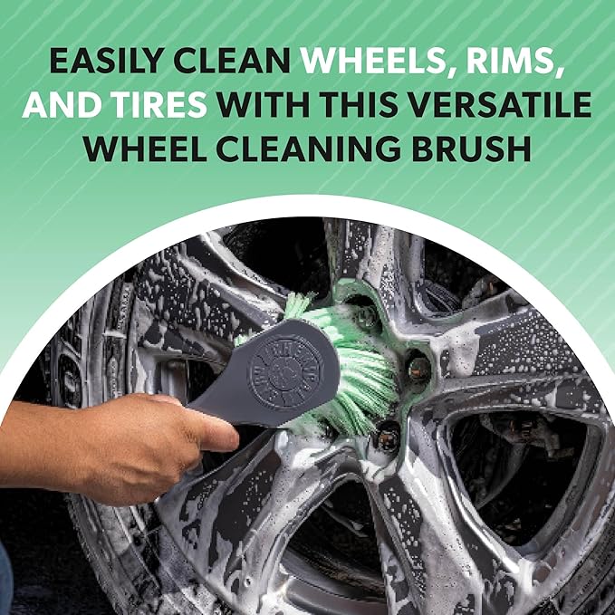 Chemical Guys, Wheelie Wheel & Exterior Brush for Rims & Tires, Soft, Green | Soft synthetic bristles clean rims, tires, grilles and emblems, safe on all wheel finishes with an easy grip