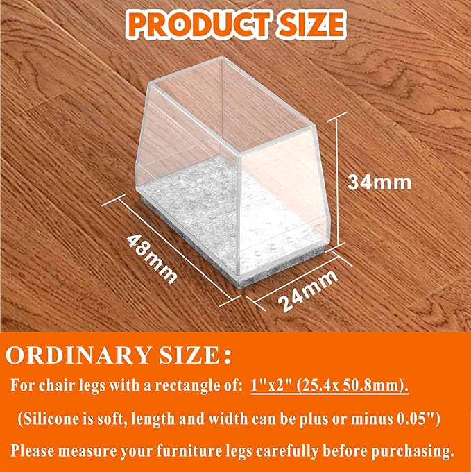 Rectangle Chair Leg Protectors for Hardwood Floors,16 PCS Silicone Covers to Protect Wood Tile Floors Felt Pads Furniture Leg Caps Reduce Noise. Easy to Move.(Clear,1 x 2 Inch,Rectangle)