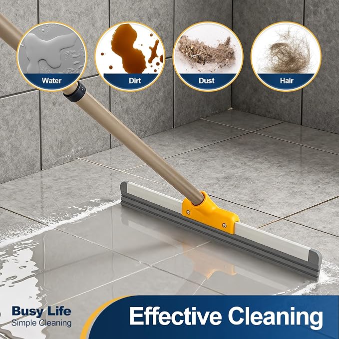 Yocada Rubber Floor Squeegee TPR Blade Scrubber Broom Shower Squeegee | Telescopic 54.5" for Garage Courtyard Concrete Shower Bathroom Floor Marble Tile Water Foam Pet Hair Removal Cleaning