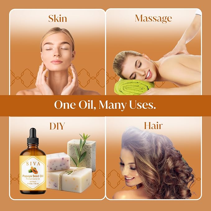 SIVA Papaya Seed Carrier Oil, Glass Bottle with Dropper, 4 Fl Oz (118 ml) | Papaya Seed Oil for Face Care, Skin Care, Facial Oil, Hair Care, Scalp Massage, Body Massage, Dilution & DIY Beauty Blends