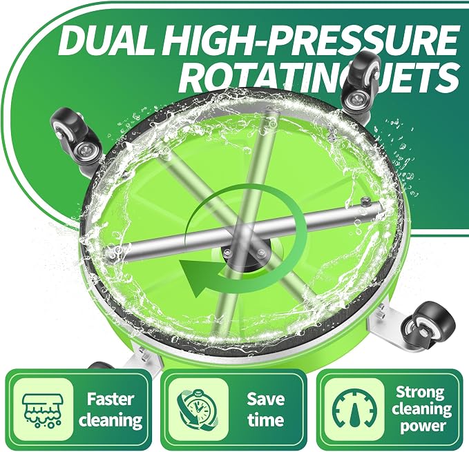 LidoDola 16'' Pressure Washer Surface Cleaner Green, Power Washer Accessory | Stainless Steel Housing with 4 Wheels, 1/4" QC, 2 Extension Wands & 2 Replacement Nozzles, for Gas & Electric Pressure Washer