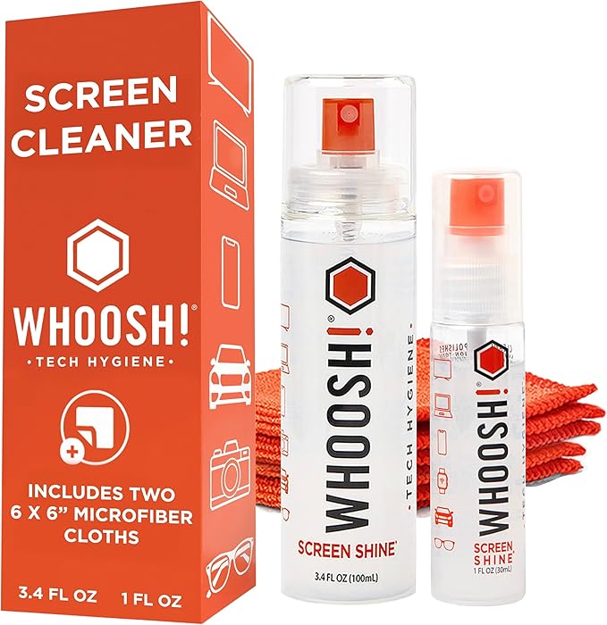 WHOOSH Screen Cleaner and Wipe Kit Duo XL, 3.4 + 1 fl oz | Large and Travel Size Bottles, Non Toxic and Odorless, For iPad, MacBook and Car Screens, 2 Microfiber Cloths