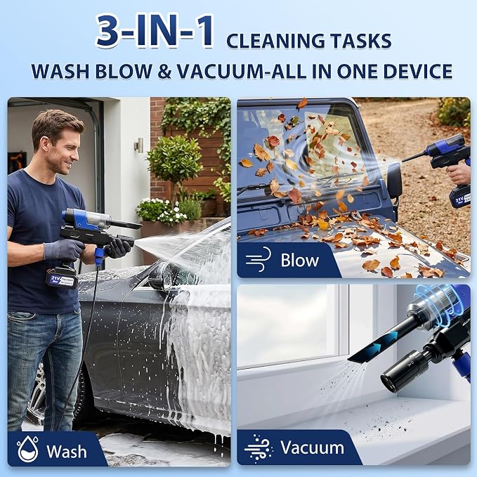 Cordless Pressure Washer, Multifunctional Power Washer for Wash,Blow,Vacuum | Portable Pressure Washer with 2*21V Batteries, 5-in-1 Nozzle, Battery Powered Pressure Washer for Car, Patio & Home Cleaning