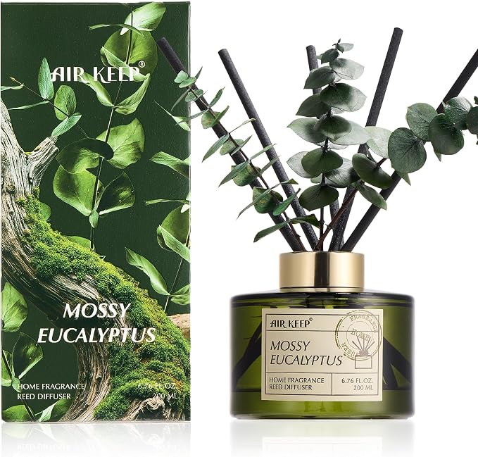 Reed Diffuser Set with 6.76 fl oz Moss Eucalyptus Scent Essential Oils and 3 Leaves & 8 Diffuser Sticks,Bathroom Shelf Decor & Air Freshener, House Bedroom Office Decor & Gifts