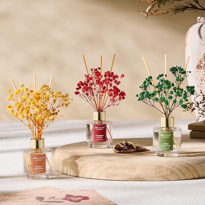 Reed Diffuser Set of 3, Coconut Pineapple Lemon Eucalyptus Cranberry Apple Oil Reed Diffusers for Bedroom Living Room Office Aromatherapy Oil Reed Diffuser for Gift 50ml x 3