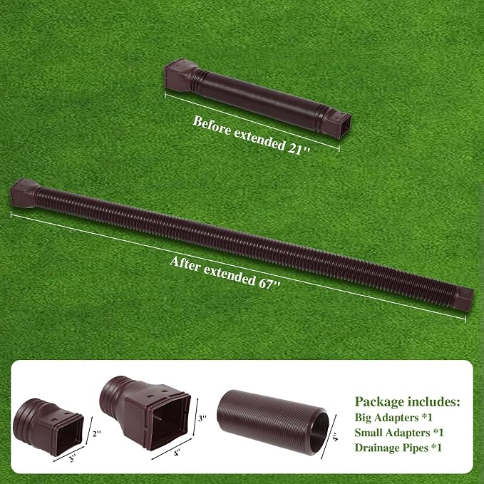 Gutterlix 1 Pack Flexible Gutter Downspout Extensions Extendable from 21" to 67", Downspout Extender Comes with Adapters, Thickened Down spout Drain Extension for Rainwater Drainage(Brown)