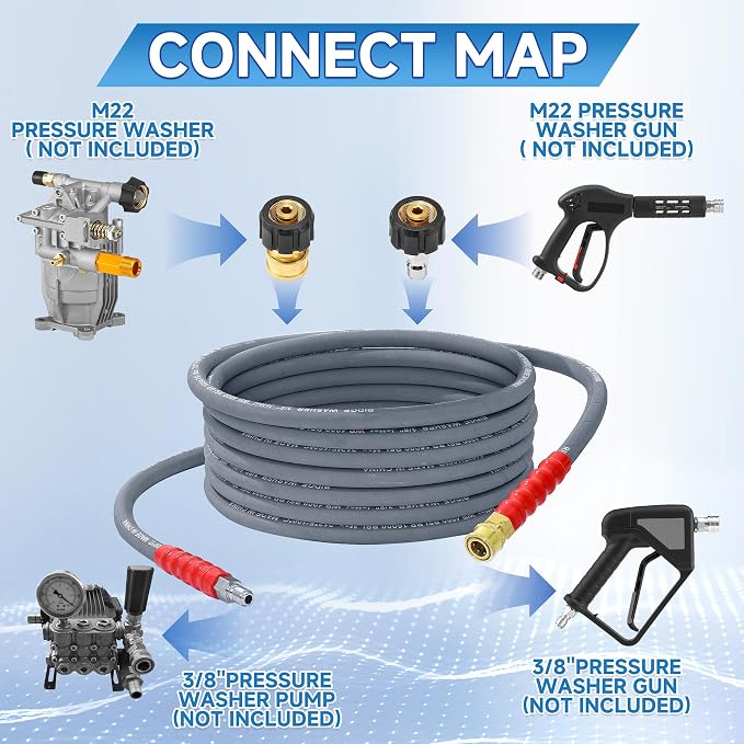 RIDGE WASHER Pressure Washer Hose 25 Ft, 4000 PSI, M22 14 mm Fitting | Power Washer Hose with 3/8 Inch Quick Connect for Hot and Cold Water, Gray Non Marking Hoses