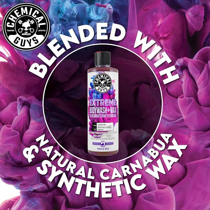 Chemical Guys Extreme Bodywash & Wax Car Wash Soap, 64 oz | Thick clinging foam in cannons, guns or buckets, carnauba adds gloss, gentle on wax and sealant, grape scent