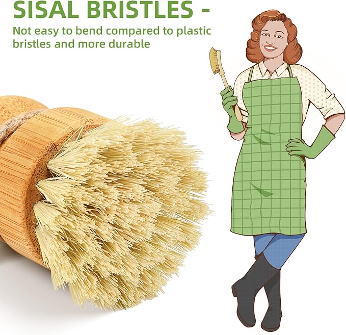SUBEKYU Bamboo Dish Scrub Brushes for Kitchen, Wooden Cleaning Scrubbers Set for Washing Cast Iron Pan/Pot, Natural Sisal Bristles, Set of 2