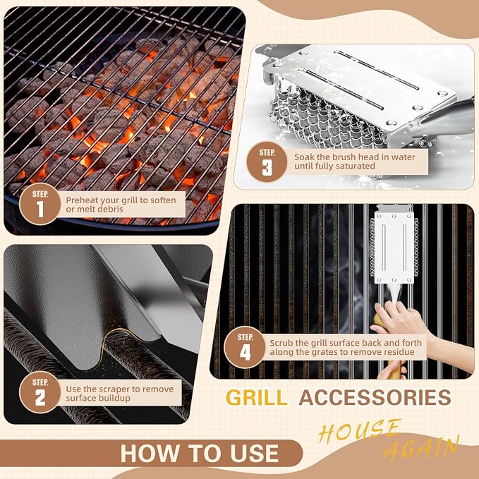 HOUSE AGAIN Grill Brush and Scraper Bristle Free with Dual Grip, 304 Stainless Steel Food-Grade Brush Head, Outdoor Grill Cleaning Brush Safe BBQ Grill Accessories Cleaner for Porcelain/Weber/Charcoal
