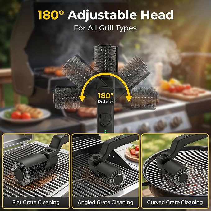 Upgraded Electric Grill Brush, Cordless Rechargeable Grill Cleaning Brush with Adjustable Angle, Stainless Steel Brush Head, 3-Speed Power, 90-Min Runtime, Waterproof Cleaner for BBQ Grates (Black)